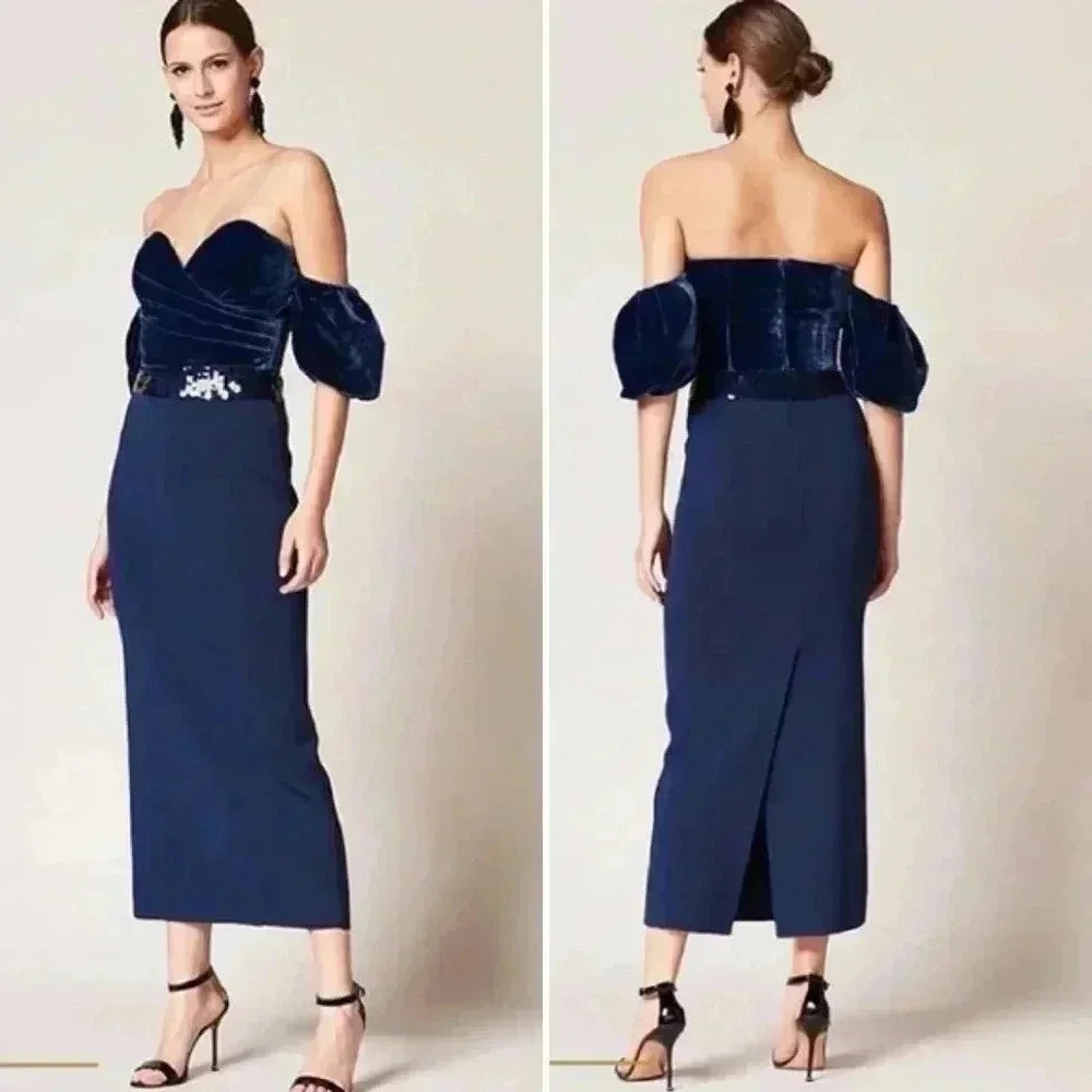 NWOT SACHIN & BABI Off-The-Shoulder Soto Midi Dress Size 6 Blue Sapphire Silk